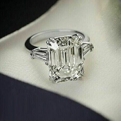 2Ct Emerald Cut Lab Created Diamond Three Stone Wedding Ring 14K White Gold Plated