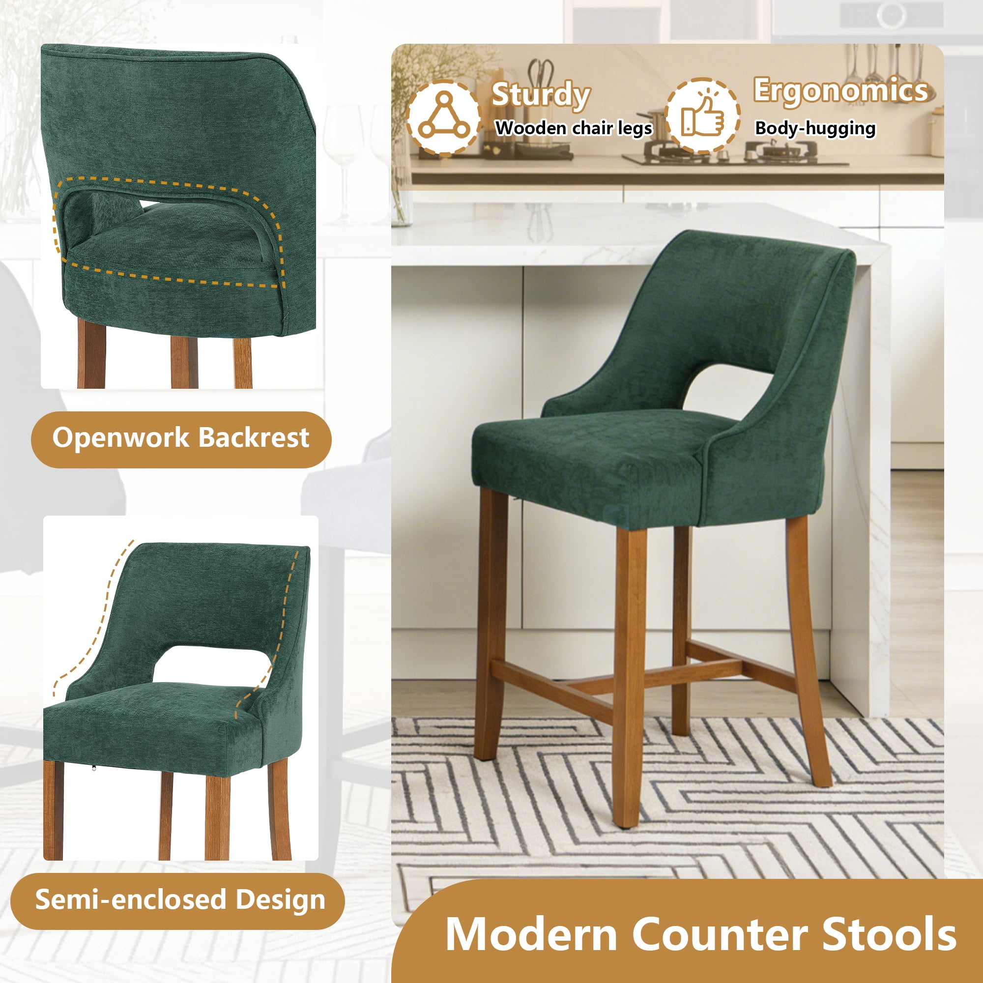 ClinQ Modern Counter Height Bar Stool Set of 1, Upholstered Seat with Back and Walnut H-Frame Footrest for Kitchen Island, Darkgreen