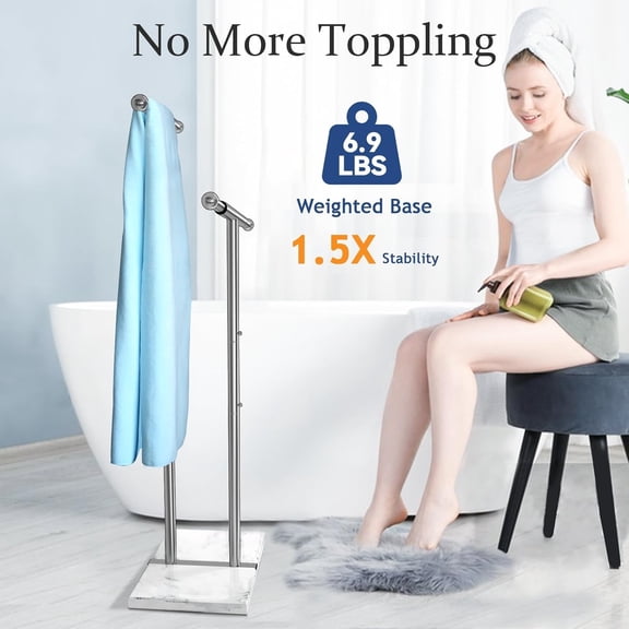 40" Standing Towel Rack with Weighted Marble Base, Width Adjustable & Taller Bathroom Towel Rack Stand, 2-Tier Towel Racks for Bathroom, Multiple Spaces Stainless Steel Brushed Finish