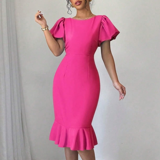 SMihono Stylish Women's Summer Puff Short Sleeve Mermaid Dress Elegant Office Slim Solid Party Dress Bodycon Ruffle Dress Hot Pink L - Walmart Business Supplies SMihono Stylish Women's Summer Puff Short Sleeve Mermaid Dress Elegant Office Slim Solid Party Dress Bodycon Ruffle Dress Hot Pink L - Walmart Business Supplies