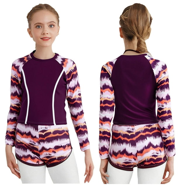 Eandarui Kids Girls 2 Piece Rash Guards Swimsuit Long Sleeve Patchwork Flower Print with Short Swimwear Rose Purple 140