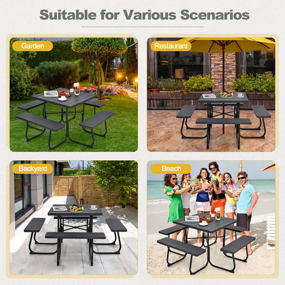 Aimee Lii Outdoor Picnic Table with 4 Benches and Umbrella Hole, Outdoor Patio Furniture, Black