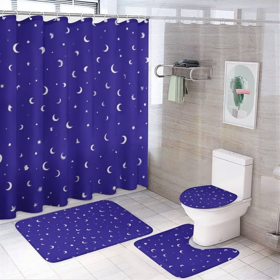 Moon And Stars Night Sky Pattern Shower Curtain Sets Non-Slip Rugs Bath Mat Toilet Cover U Shaped Mat 4 Pcs