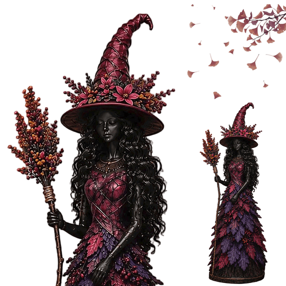 Enchanted Autumn Witch Figurine Harvest Season Witch Sculpture Maple Leaves Design Resin Indoor Decor Halloween Thanksgiving Tabletop Accent Decoration Purple(L)