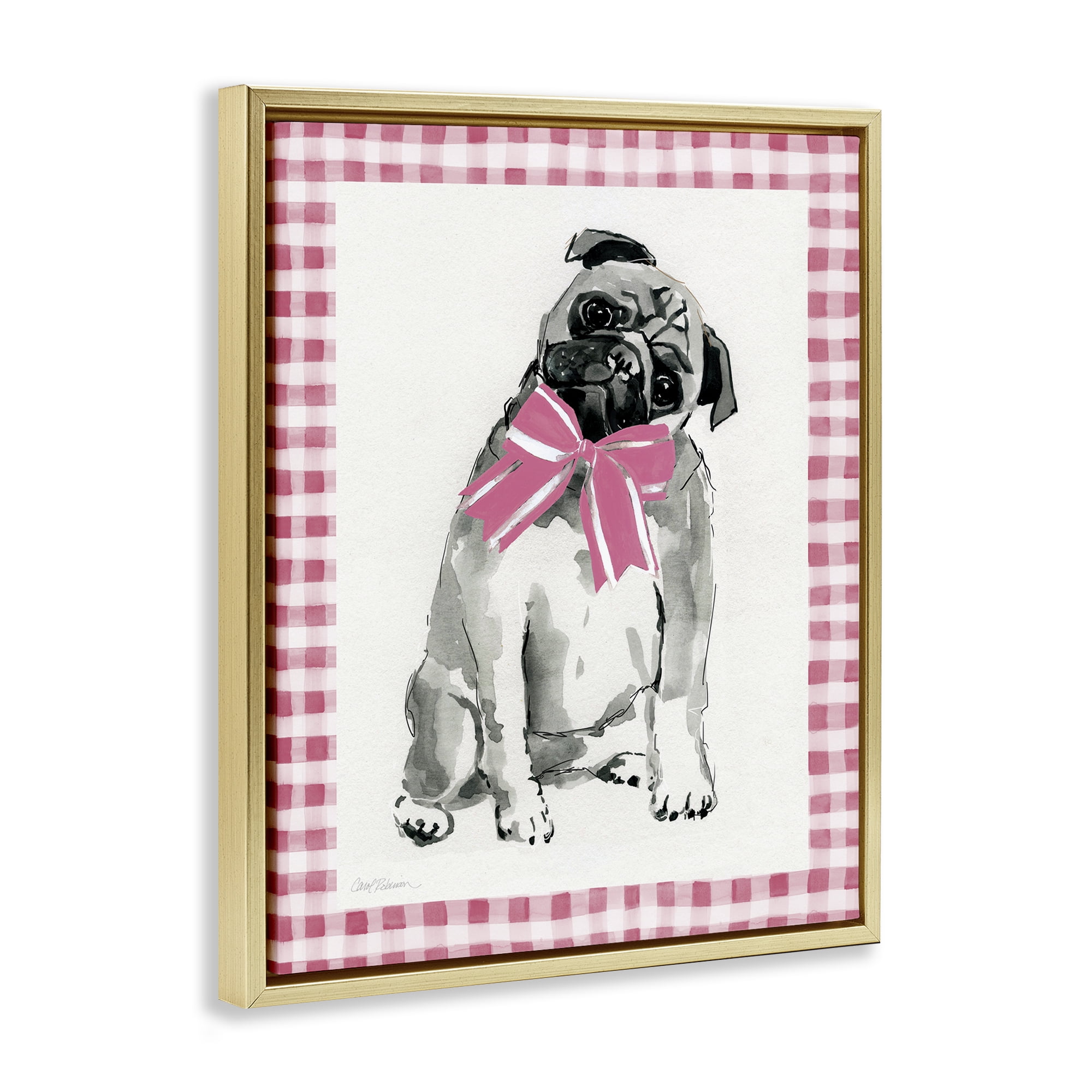Stupell Industries Pug with Plaid Border Animals Painting Gold Floater Framed Canvas Art Print Wall Art, 17 x 21