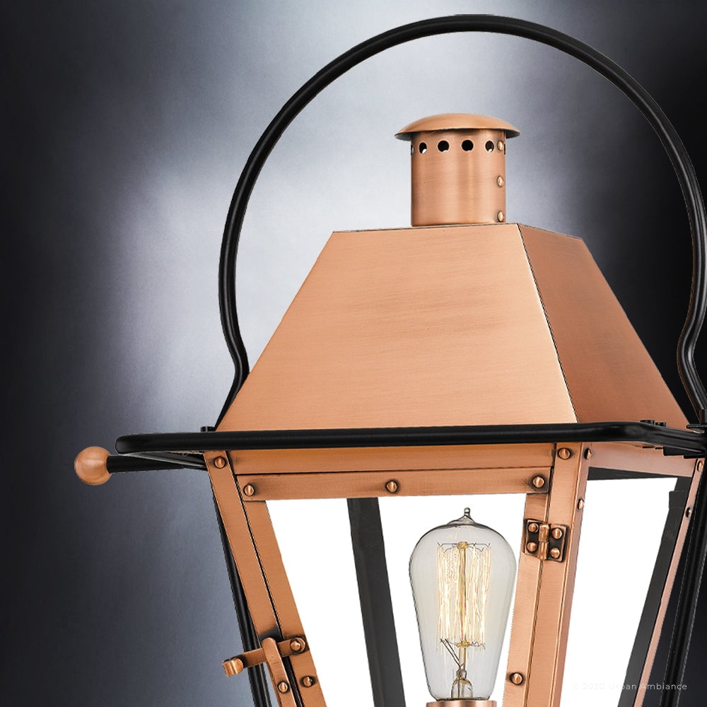 Luxury Historic Outdoor Post Light, 22.75''H x 17.75''W, with Tudor Style Elements, French Country Design, Rustic Copper Finish and Clear Tempered Glass Panels, UQL1380