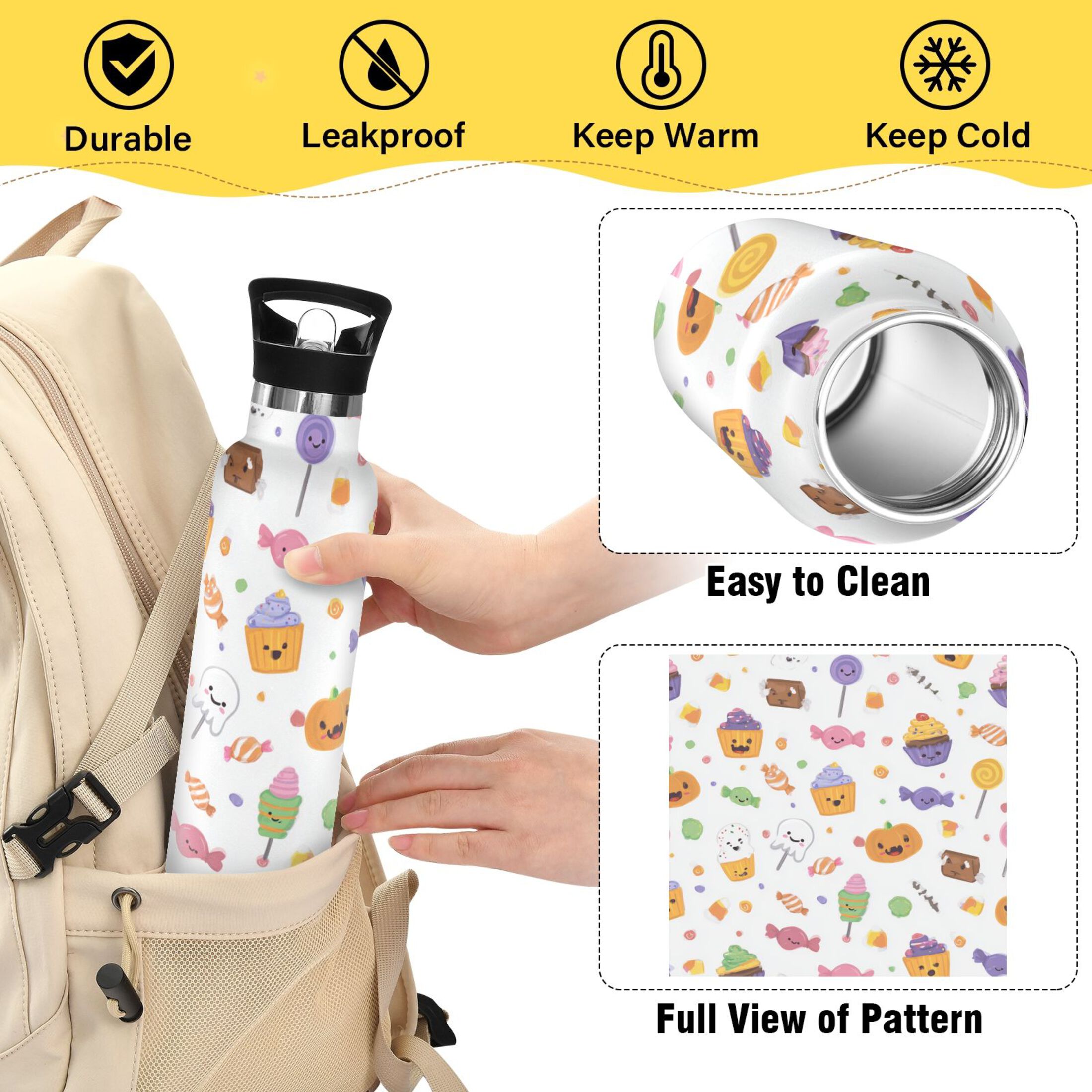 Kids Insulated Stainless Steel Sports Water Bottle 600ml (20oz) Halloween Candy and Cupcakes