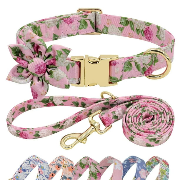 Beirui Conjunto De Collar Y Correa De Perro Personalizado Para Perros Pequeños Y Medianos Grandes, Collar De Perro Femenino De Flores Lindo Nombre De Mascota Personalizado Con Correa A Juego,L