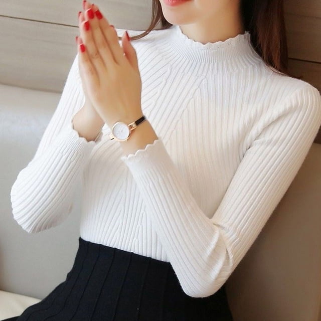 Suéter de cuello alto medio para mujer, suéter estilo coreano, suéter de otoño e invierno, cálido, de gran tamaño, con pétalos roscados, manga larga para mujer