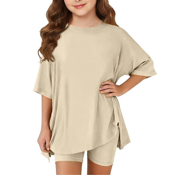 KVPLBQFD Girls 2 Piece Summer Outfits Kids Oversized Side Split Short Sleeve Shirts Matching Biker Shorts Lounge Set Indoor Lightweight Teen Girl Clothes