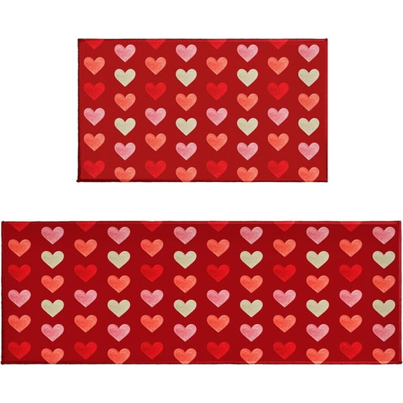 Valentines Day Kitchen Mats for Floor Set of 2 Love Heart Block Print Holiday Red Valentine Kitchen Rugs Non Slip Washable Absorbent Anniversary Kitchen Runner Rugs Decor,17x30 and 17x47 Inch