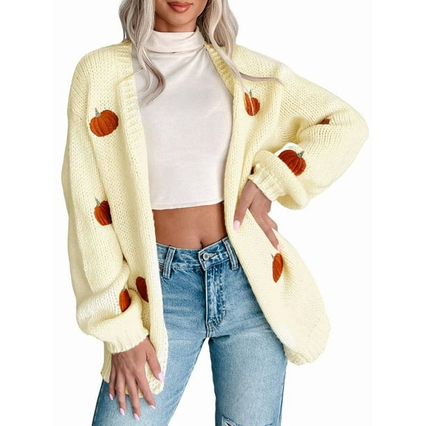 Suéter con Bordado de Calabaza para Mujer, Cuello en V, Holgado, Informal, de Punto, , para las Fiestas. Amarillo L