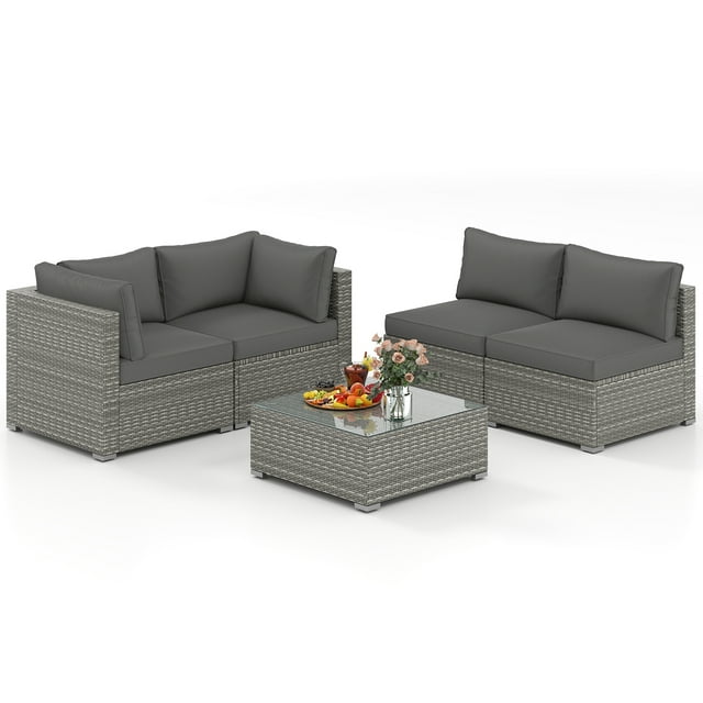Gymax 5PCS Patio Sectional Sofa Couch PE Rattan Conversation Set Outdoor Gray
