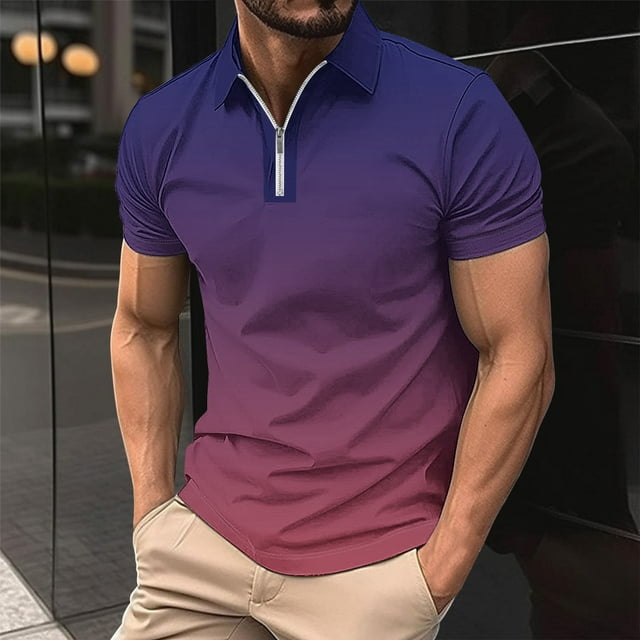 T-Shirt à Manches Courtes Imprimé Décontracté pour Hommes Col Rabattu Fermeture Éclair