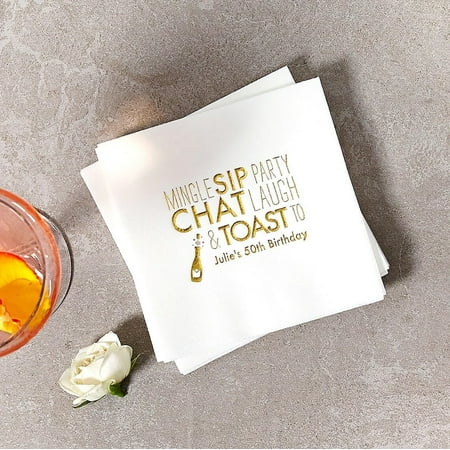 50pcs Custom Champagne Cocktail Napkin - Mingle, Sip, Party - Personalized Foil Stamped Linen Like Party Napkins, Birthday, Retirement，Cocktail napkins for reception disposable decorative 5"x5"