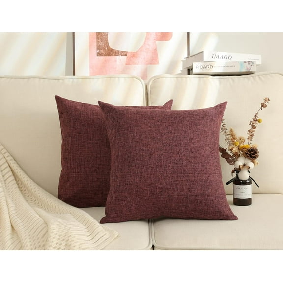 Burlap Throw Pillow Covers 18x18 inch Decorative Linen Cushion Covers for Living Room Rustic Pillows Neutral Accent Cushion Cases Set of 2, Burgundy