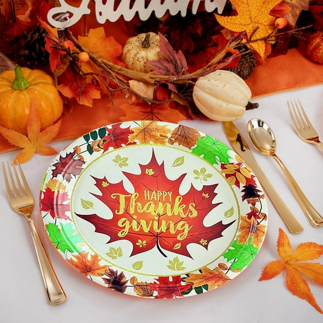 LSLJS Thanksgiving Round Paper Plates Disposable Autumns Party Decorations Maple Leaf Pumpkin Print Tableware for Thanksgiving Holiday Decorations Thanksgiving Decorations