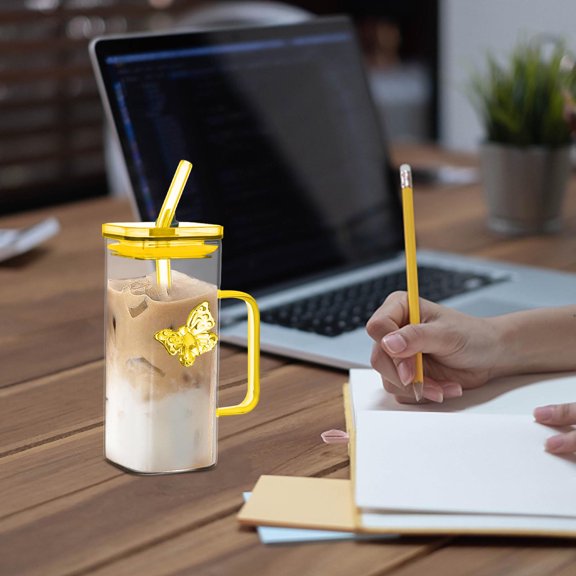 350ML Heat-Resistant Glass Cup with Lid & Straw, Multifunctional Cold Drink/Juice/Milk/Coffee Cup for Daily Use