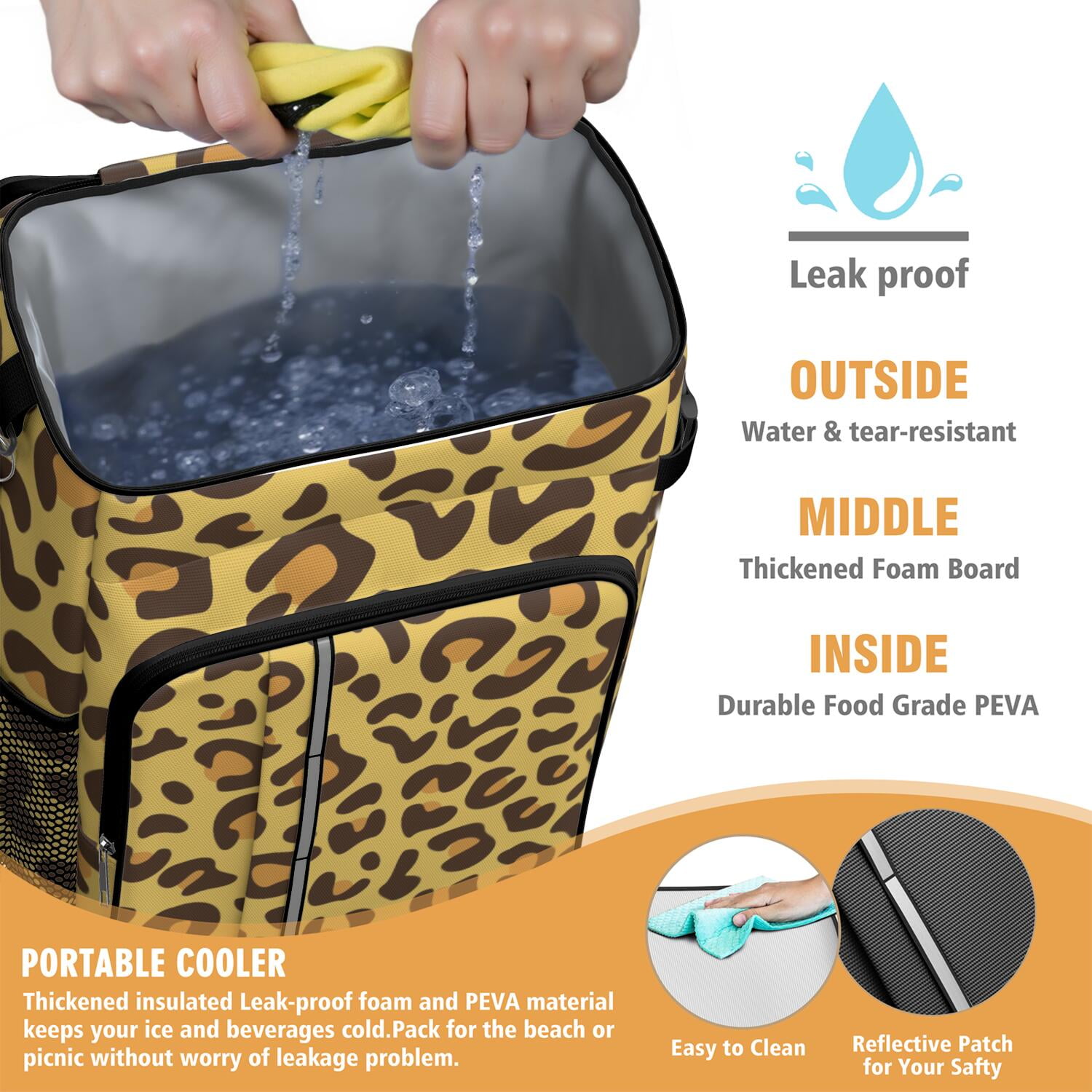 Travel Cooler Bag - Yellow and Brown Of Leopard Print Camping Beer Cooler Backpack with Bottle Opener- Waterproof Insulated Picnic Backpacks - Cooler Bag for Beach