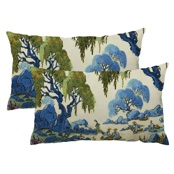 Heduofu Chinoiserie Pillow Covers 12x20 Inch Set of 2, Asian Scenic Blue and Green Throw Farmhouse Chinoiserie Outdoor Decorative Pillowcase Lumbar Cover for Home Sofa Bedroom