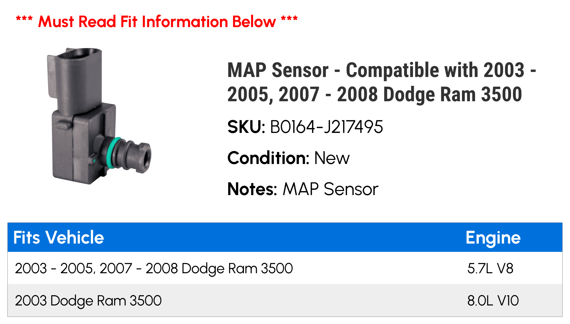 MAP Sensor - Compatible with 2003 - 2005, 2007 - 2008 Dodge Ram 3500 2004