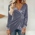 thumbnail image 2 of VKOYWKM Velvet Tops for Women Long Sleeve V Neck Sparkly Sequin Blouses Trendy Glitter Velour Shirts for Night Party Holiday, 2 of 7