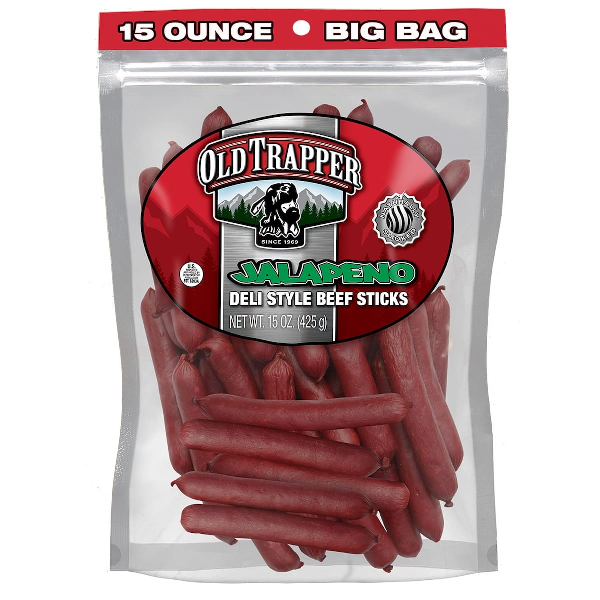 (2 pack) Old Trapper Jalapeno Smoked Beef Stick 15oz Resealable Bag