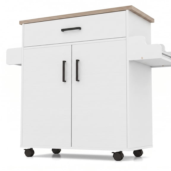 Furnibear Rolling Kitchen Island Cart with Storage Drawer, 2-Tier Cabinet, Spice Rack and Towel Bar, Portable Utility Cart on Locking Wheels for Kitchen Dining, White