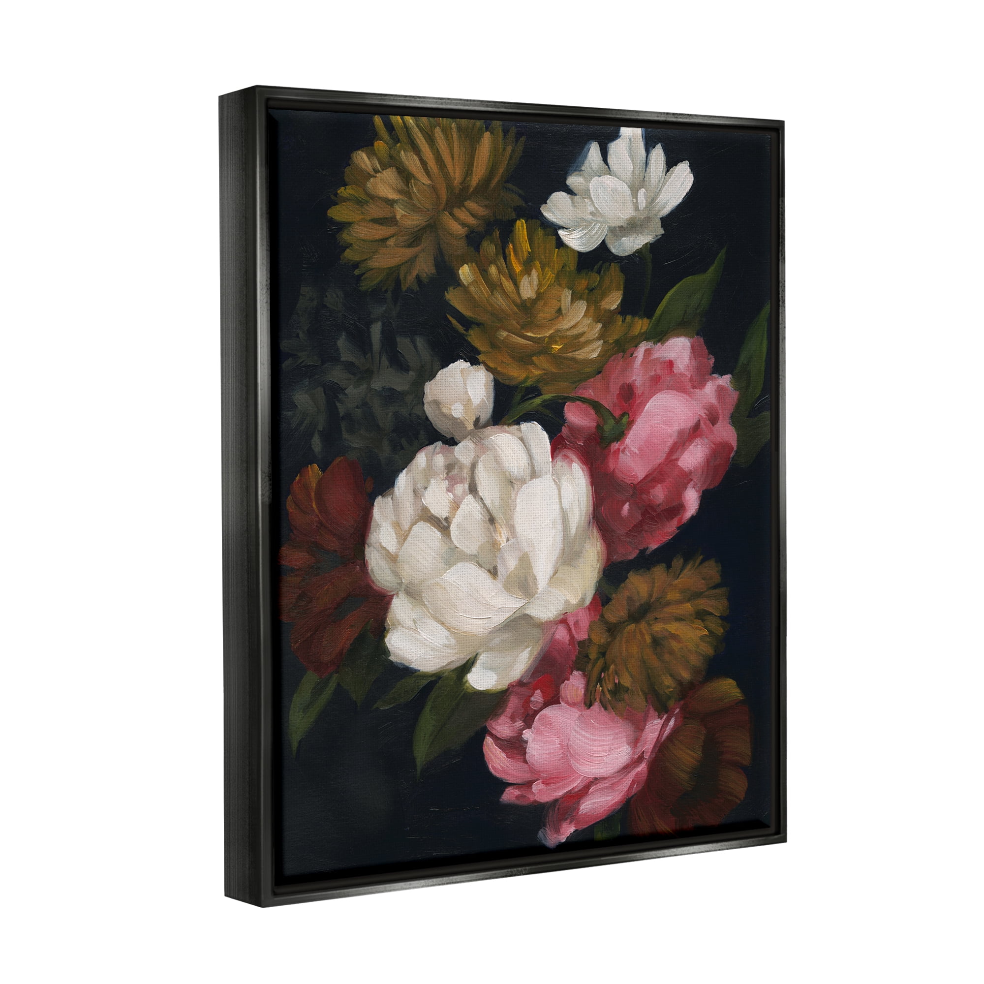 Stupell Industries Peony Flower Arrangement Botanical & Floral Painting Black Floater Framed Canvas Art Print Wall Art, 17 x 21