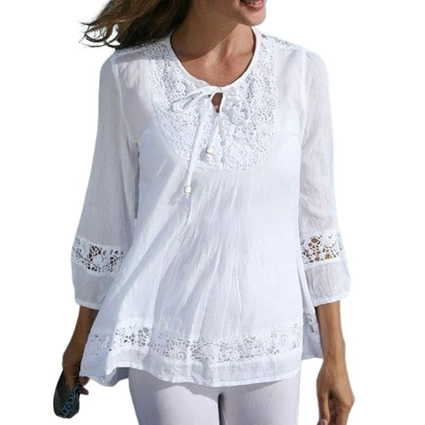 LUXUR Women Tops Lace-up Blouse Lace Floral Shirts Loose Tunic Shirt Solid  Color White L