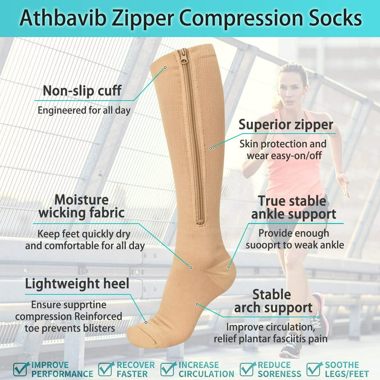 2Pairs Copper Zipper Compression Socks 15-20mmgh Calf Knee High