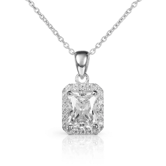 Radiant Jewelry 2 Ct GRA Certified Moissanite Halo Pendant Necklace, Rectangle Halo, 14k White Gold Plated 925 Sterling Silver with Free 18" Chain