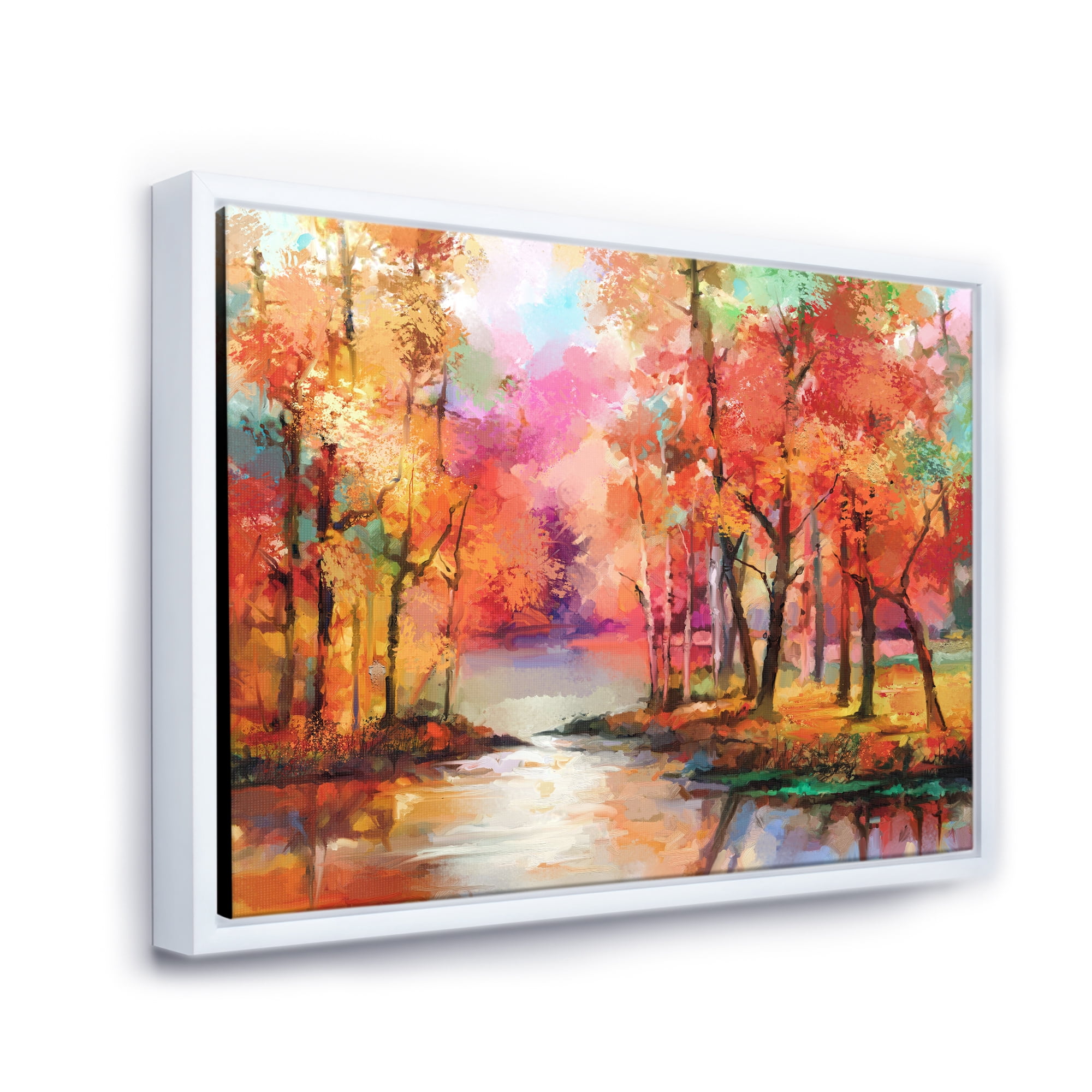 Designart 'The Lake In Autumn By Colorful Autumn Trees' Modern Framed Canvas Wall Art Print