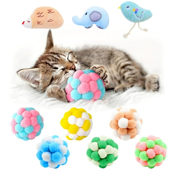 9 Pieces Cat Toys - Cat Toys Balls with Bells Soft Cat Pom Poms Balls and Cat Interactive Toy for Cats Kitten Indoor Outdoor Playing Chewing Scratching
