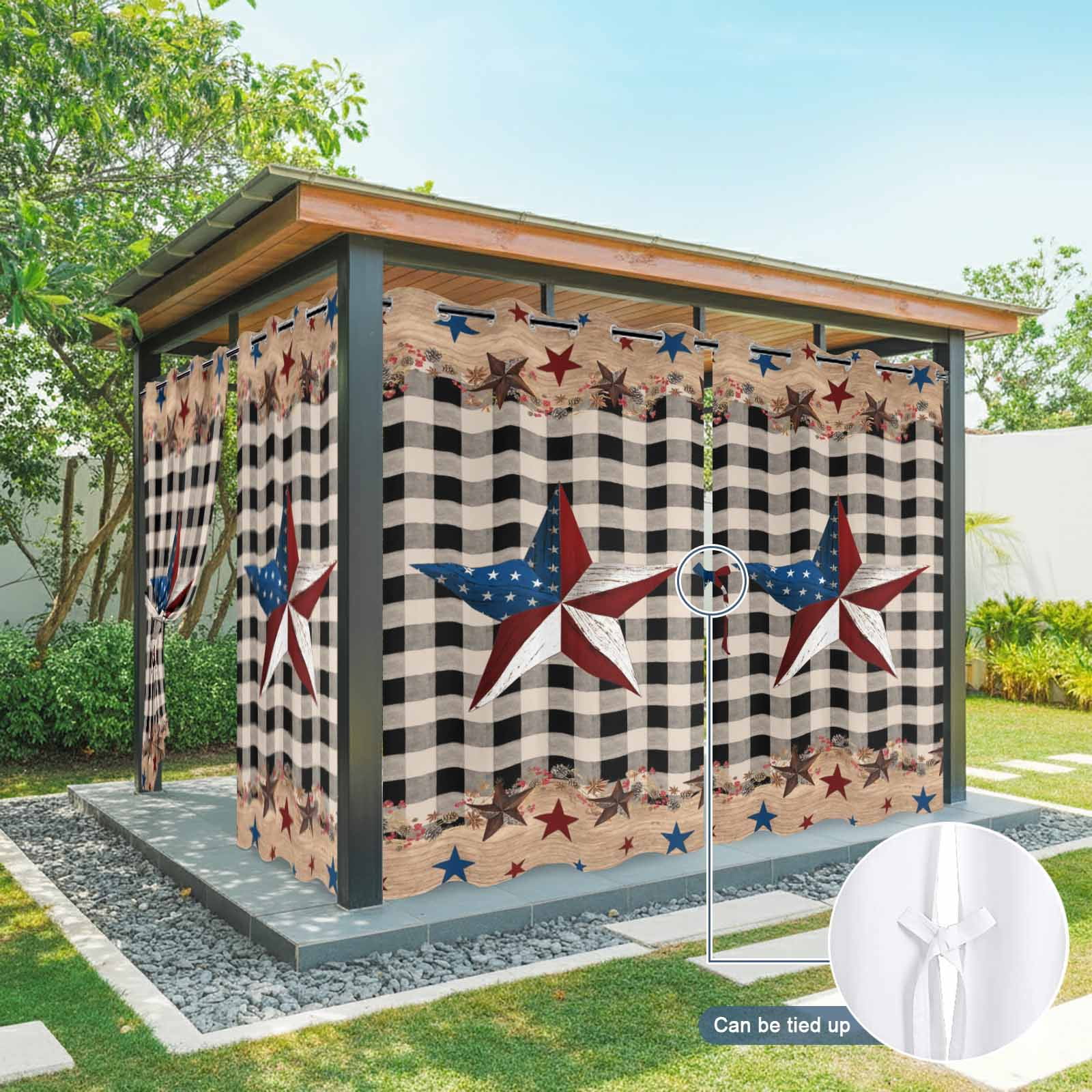 Country Stars Outdoor Curtains for Patio, Vintage Black Plaid U.S. Flag Farms Wood Board Sunshade Privacy Drapes Grommet Waterproof Outside Curtains for Porch/Cabana/Balcony 54"x 108", 1 Panel