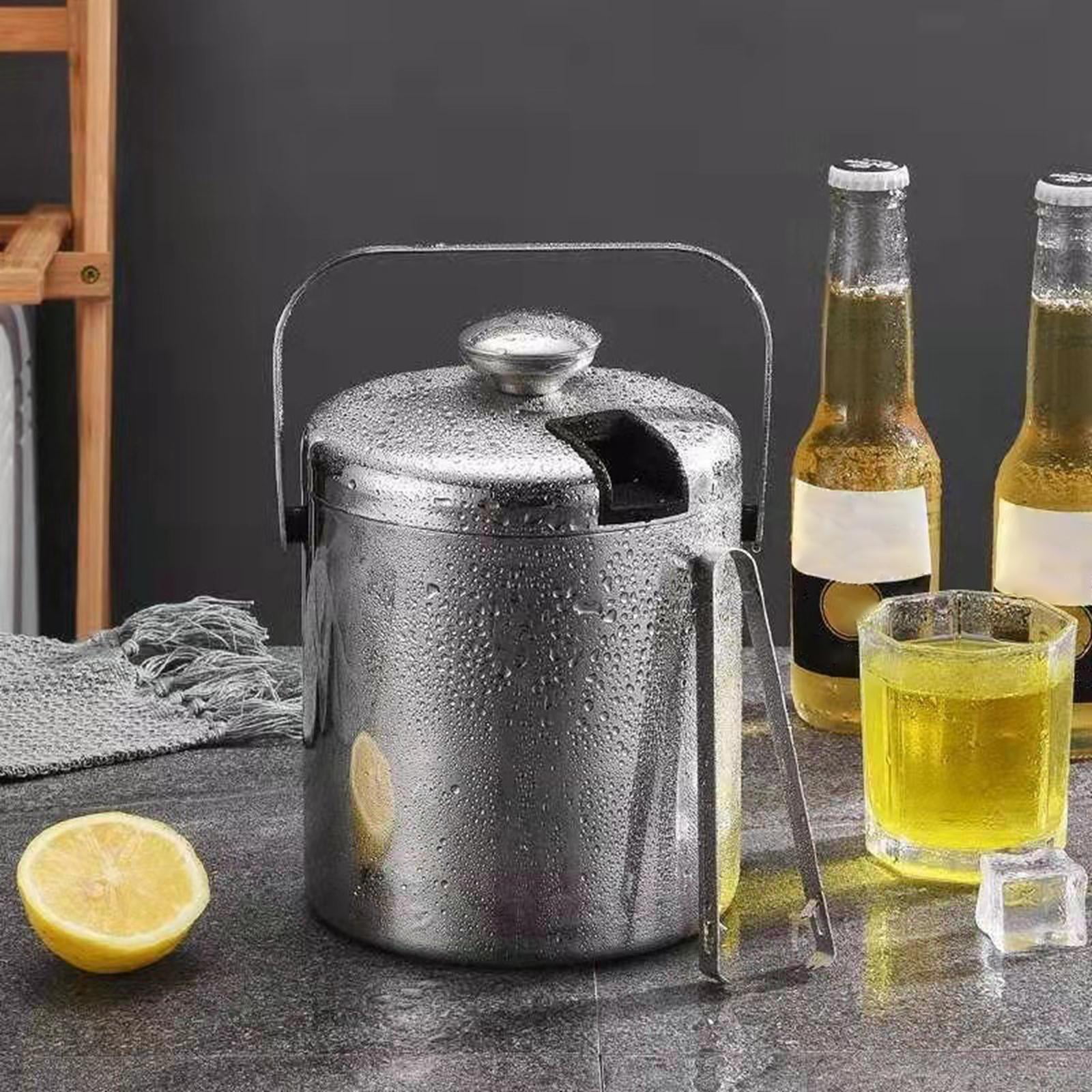 Practical Stainless Steel Ice Bucket with Tongs Liter Double Walled Insulated with Tongs and Lid Ice Container(3L)