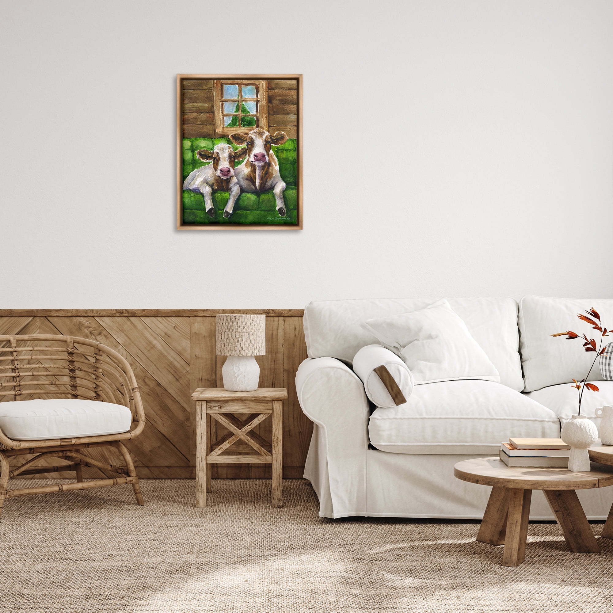 Stupell Industries Cows in Barn Cabin Animals & Insects Painting Brown Floater Framed Canvas Art Print Wall Art, 25 x 31