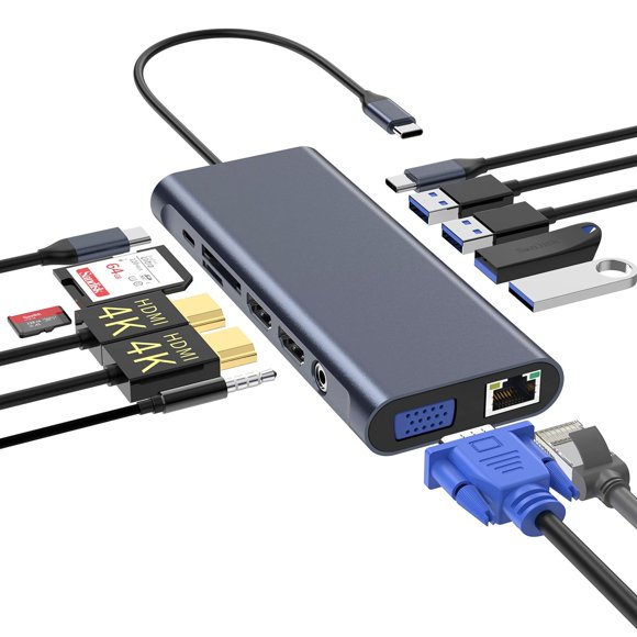 Concentrador USB C Estación de Acoplamiento 13 en 1 con HDMI 4K y Ethernet para MacBook iPad Pro Del