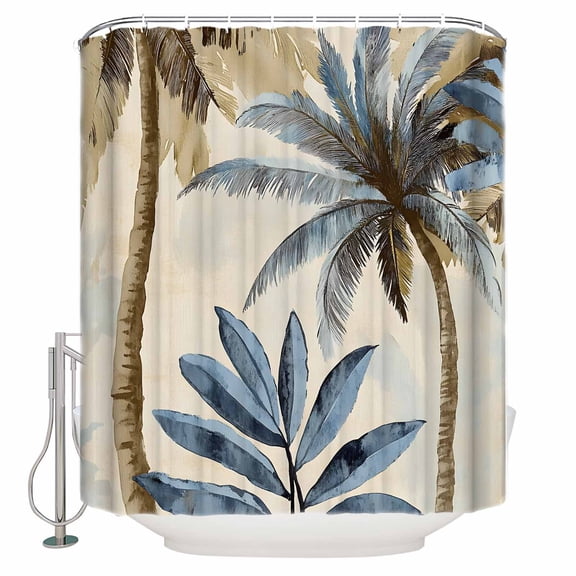 Small Stall Shower Curtain 36x78 Inch Narrow Half Size Navy Blue Palm Trees Bath Curtains Bathroom Decor Retro Summer Botanical Watercolor Waterproof Fabric Shower Curtain Set with Hooks 36 Inch