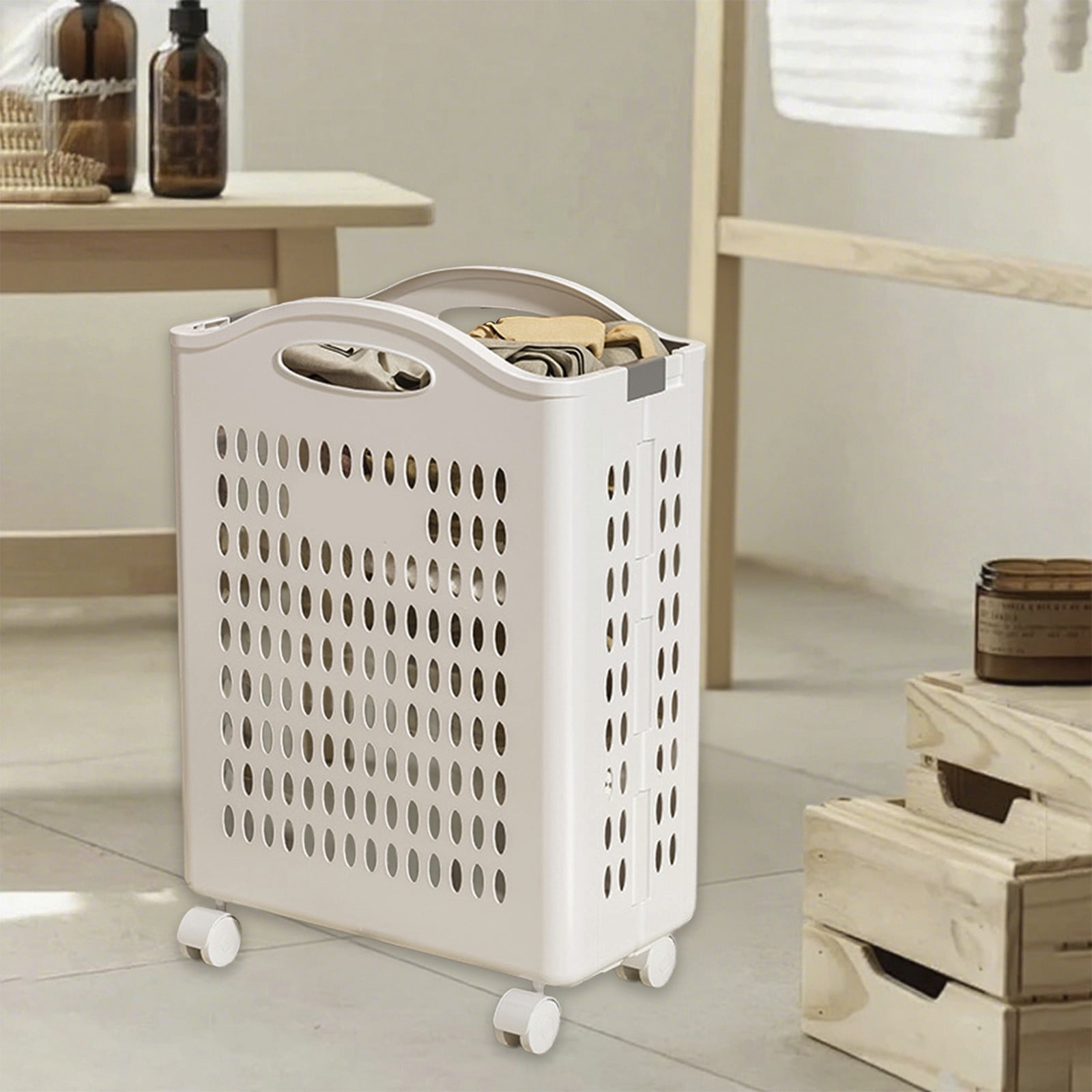 Upgraded Rolling Laundry Hamper with Wheels, Slim Design, White Plastic Storage Basket with Handles,20"X11"X14" B