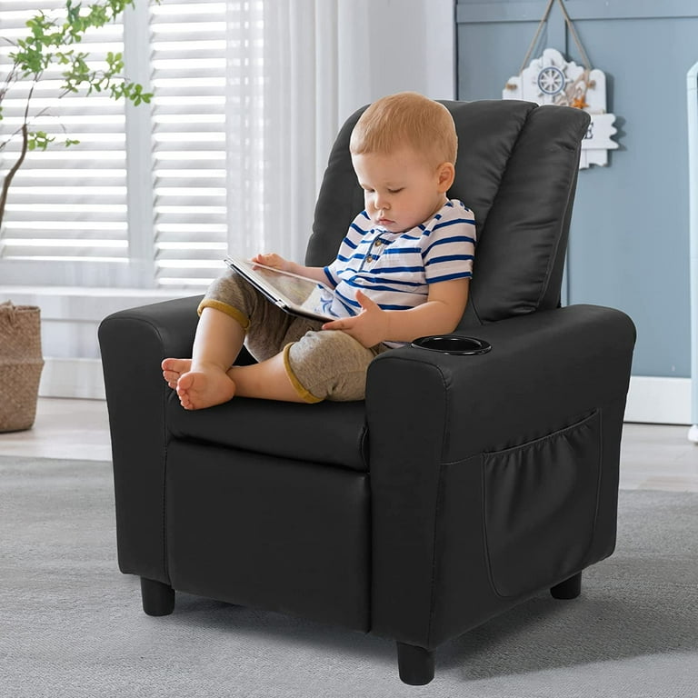Alwalue Kids Recliner Chair with Cup Holder Adjustable Footrest and Side Pocket for Children Ages 2 4 Mystery Black Walmart