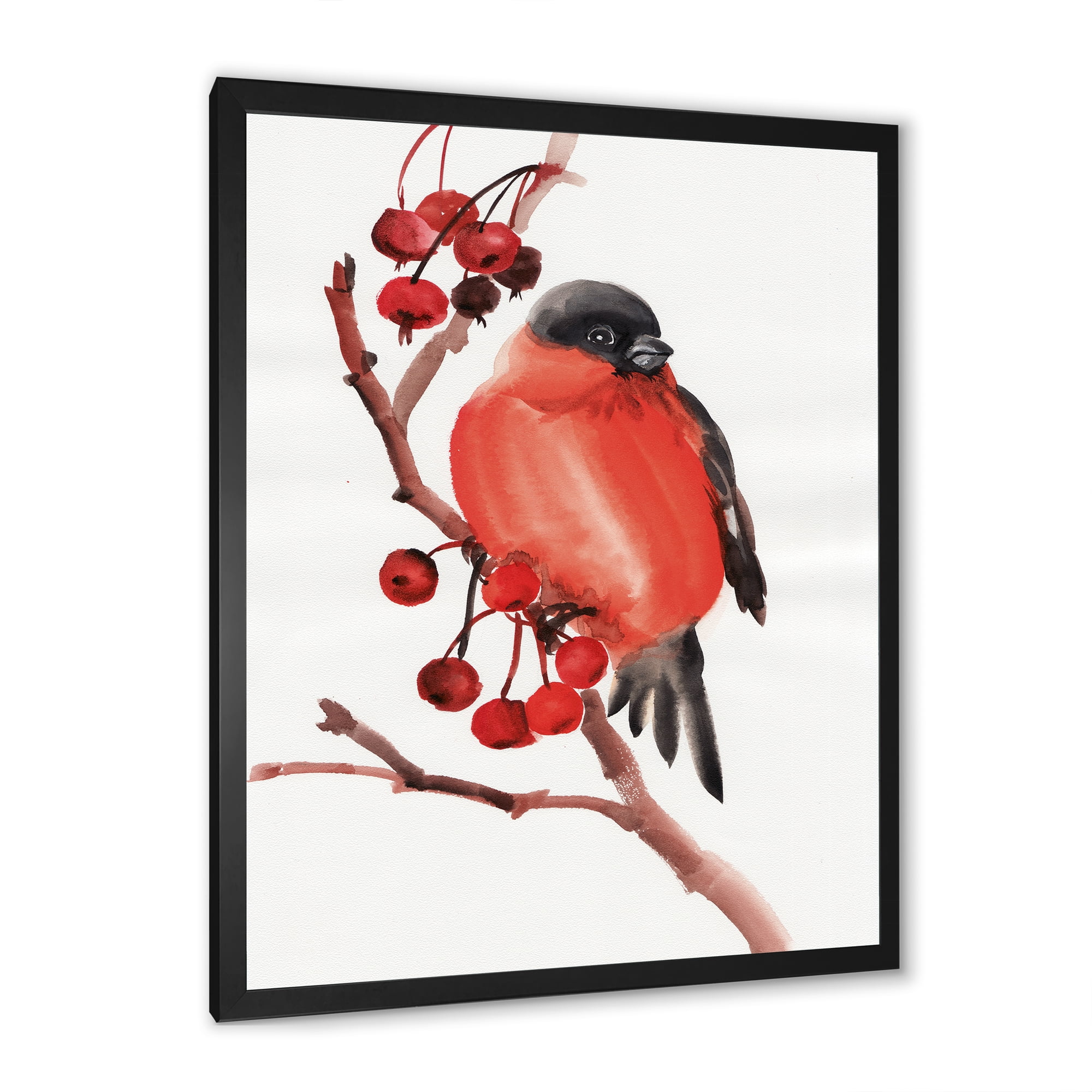 Designart 'Red Bullfinch Bird Sitting On A Branch With Berries' Traditional Framed Art Print