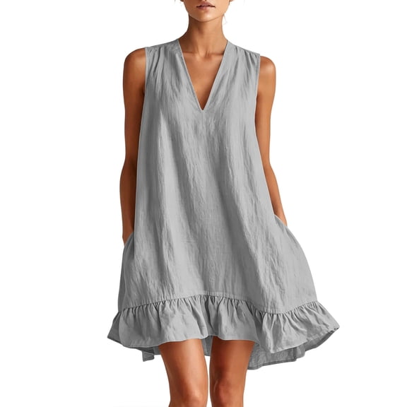fheaev Women's Mini Sundress Loose Casual Linen Sleeveless V Neck Lace Trim for Everyday Gray 2XL