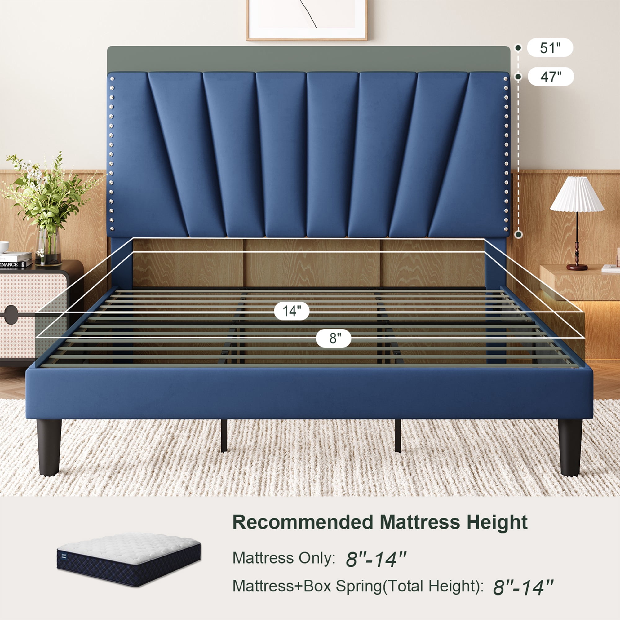 Einfach King Size Premium Velvet Upholstered Platform Bed Frame with Adjustable Headboard,Under-Bed Storage,Heavy-Duty Metal Support, Noise-Free Slats, Blue