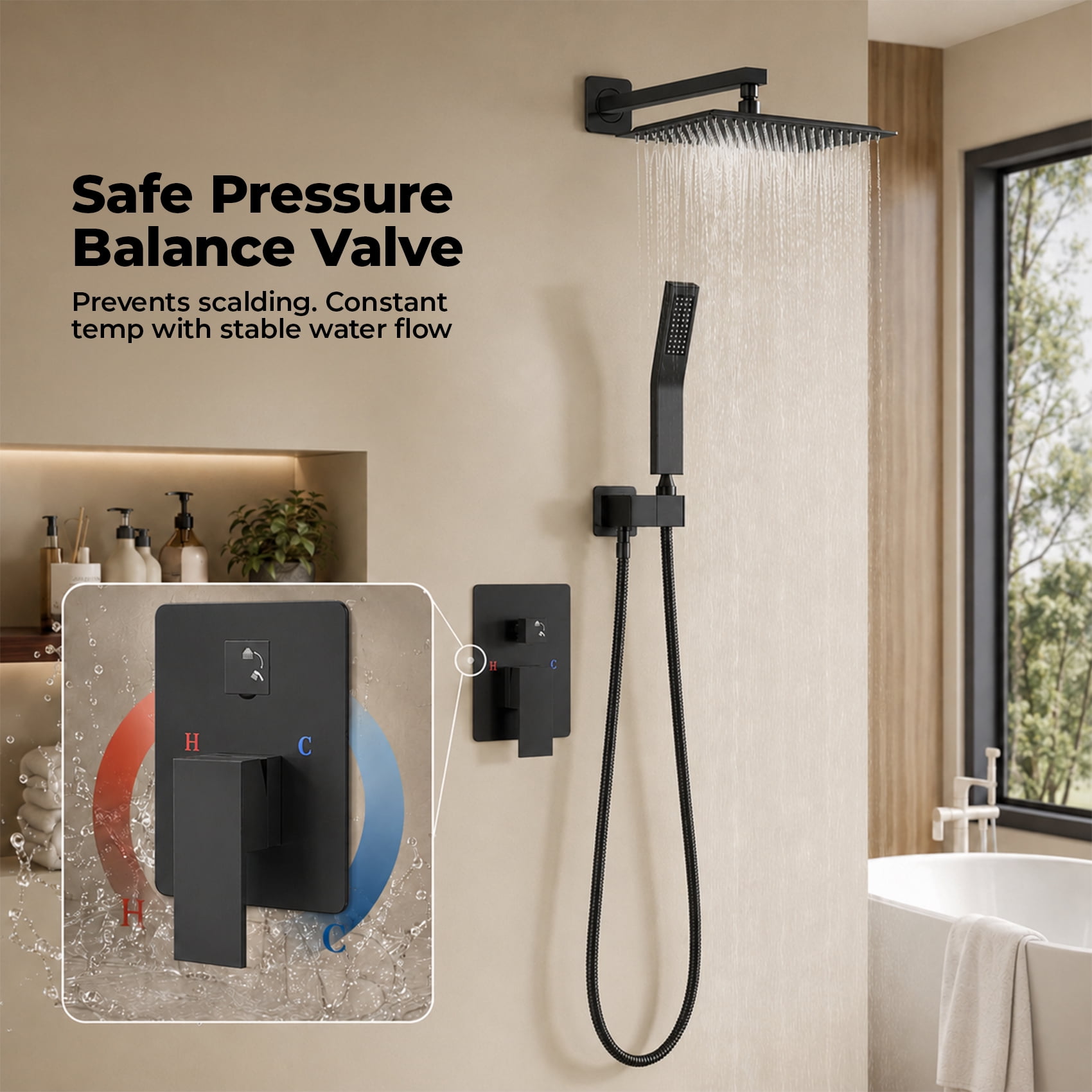 Alvantor Wall-Mounted Shower Faucet Set, 10/12 Inch Square Overhead Spray and Handheld Shower Head with Pressure Balance and Temperature Control Valve