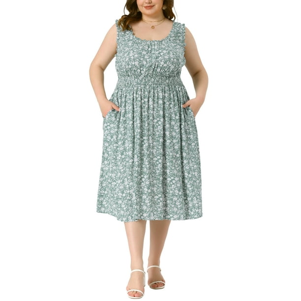 Vestido sin mangas de cuello cuadrado floral fluido y elástico para mujeres de tallas grandes Agnes Orinda 3X verde oscuro