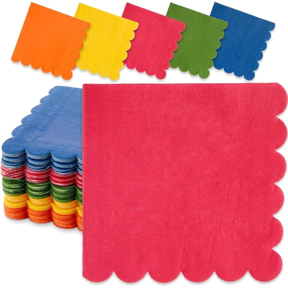 Sparkle and Bash Colorful Napkins - 150 Pack 6.5 x 6.5 in 2-Ply, Scalloped Paper in 5 Solid Colors - Absorbent Fiesta Dinner & Mexican Party Table Napkins