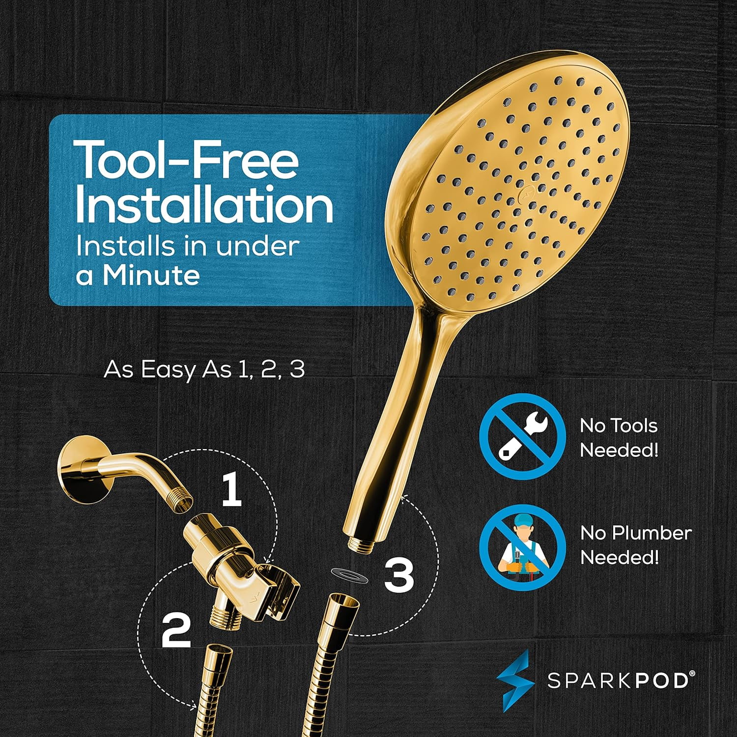 SparkPod Rainfall Shower Head with Handheld - 6-Inch Head, 6ft Hose, Adjustable Bracket (Egyptian Gold)