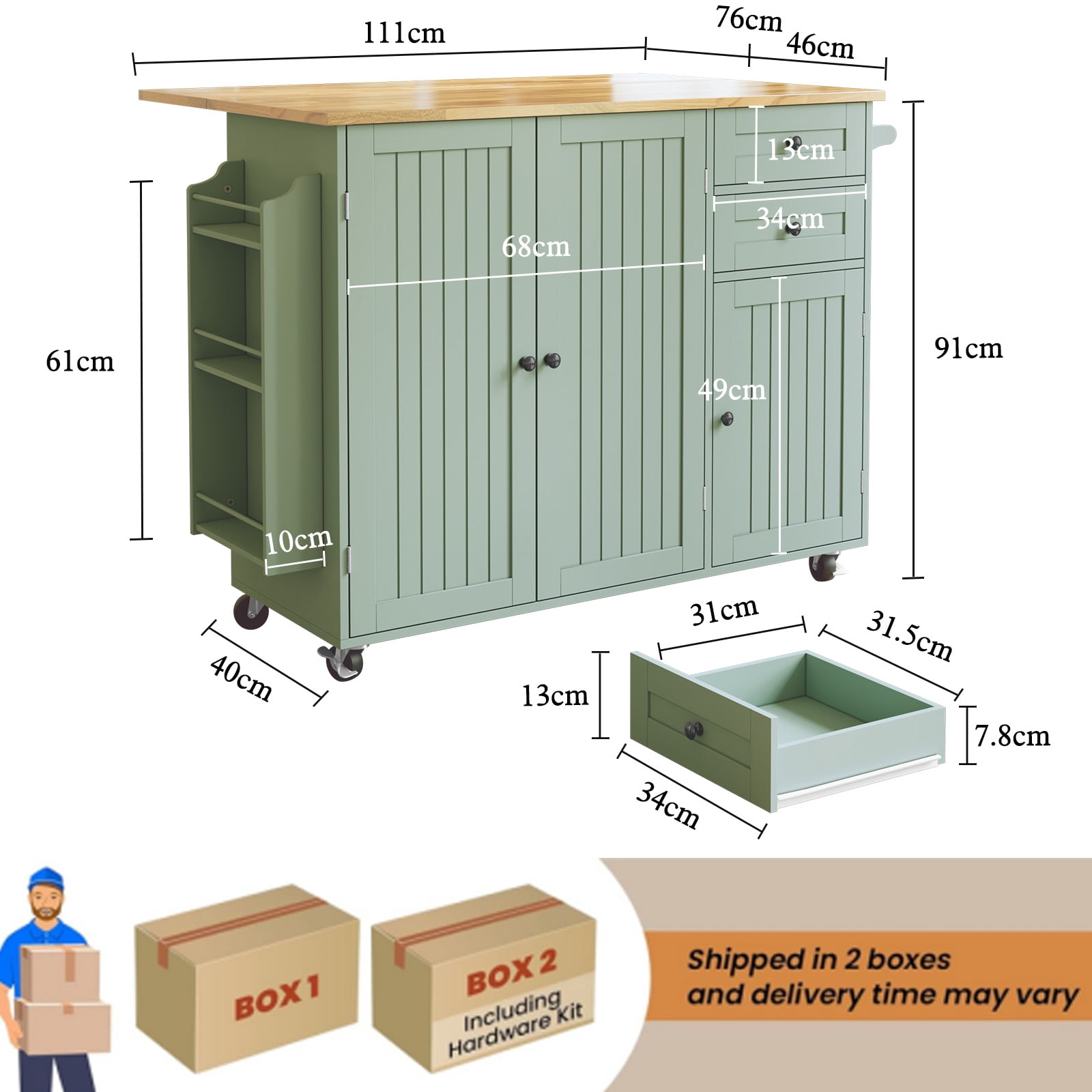CBJCBJ 50.4" Kitchen Island with Storage, Wood Top Cart with Drop Leaf and Wheels, Green