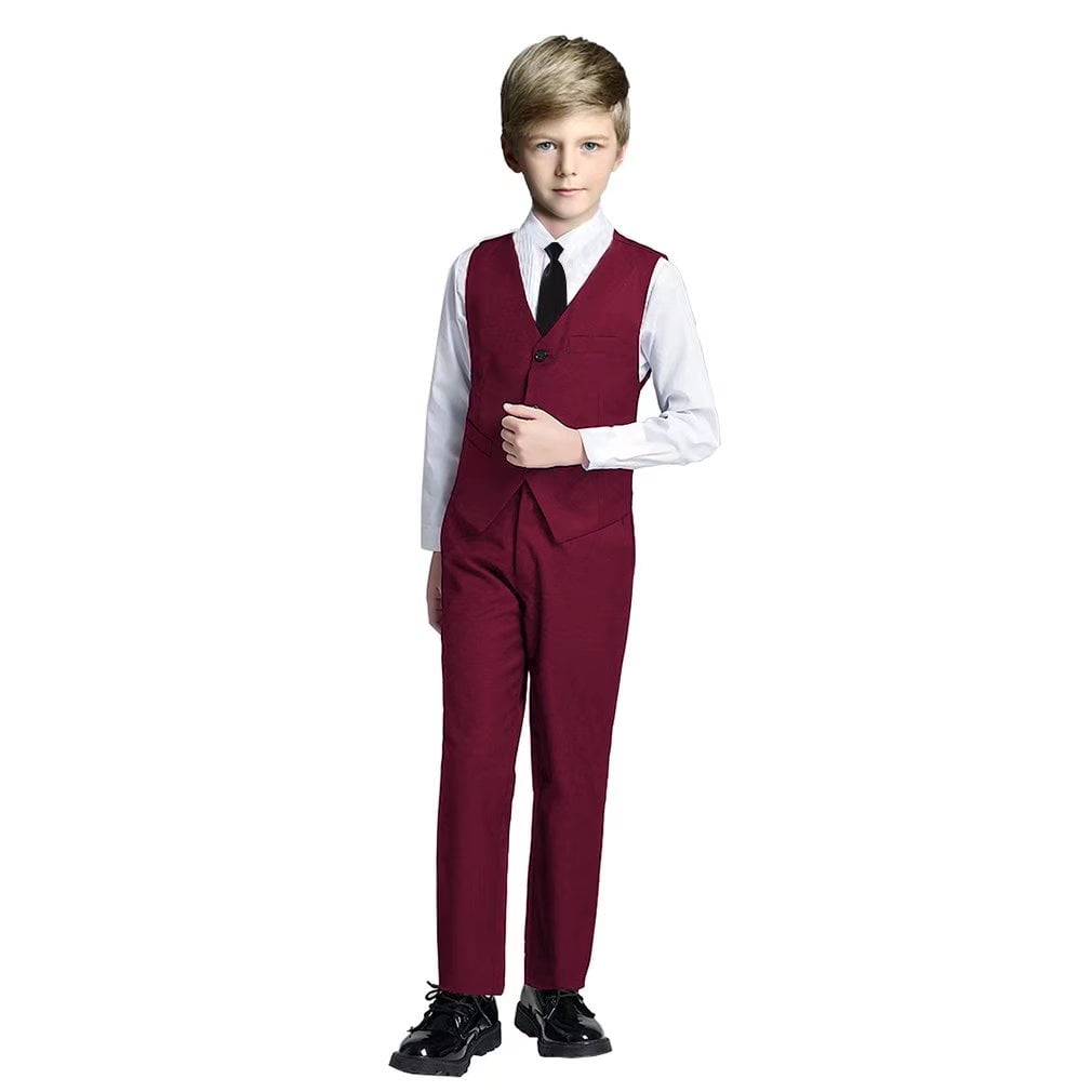 Boys slim fit suit khaki formal wedding Christmas Holiday set long tie vest pant 